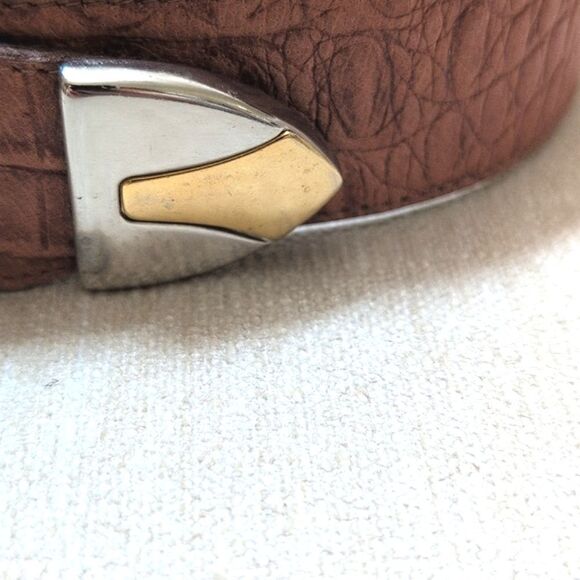 Genuine Leather Croc Embossed Brown Belt Gold & Silver Buckle and Tip Vintage - Picture 9 of 11